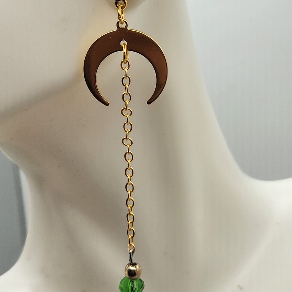 Chic Gold and Green Crescent Chain Earrings - Picture 8 of 8